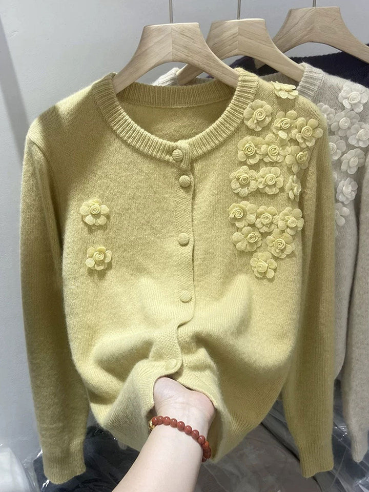 Aubrey Classic Crew Neck Flower Knitted Cardigan