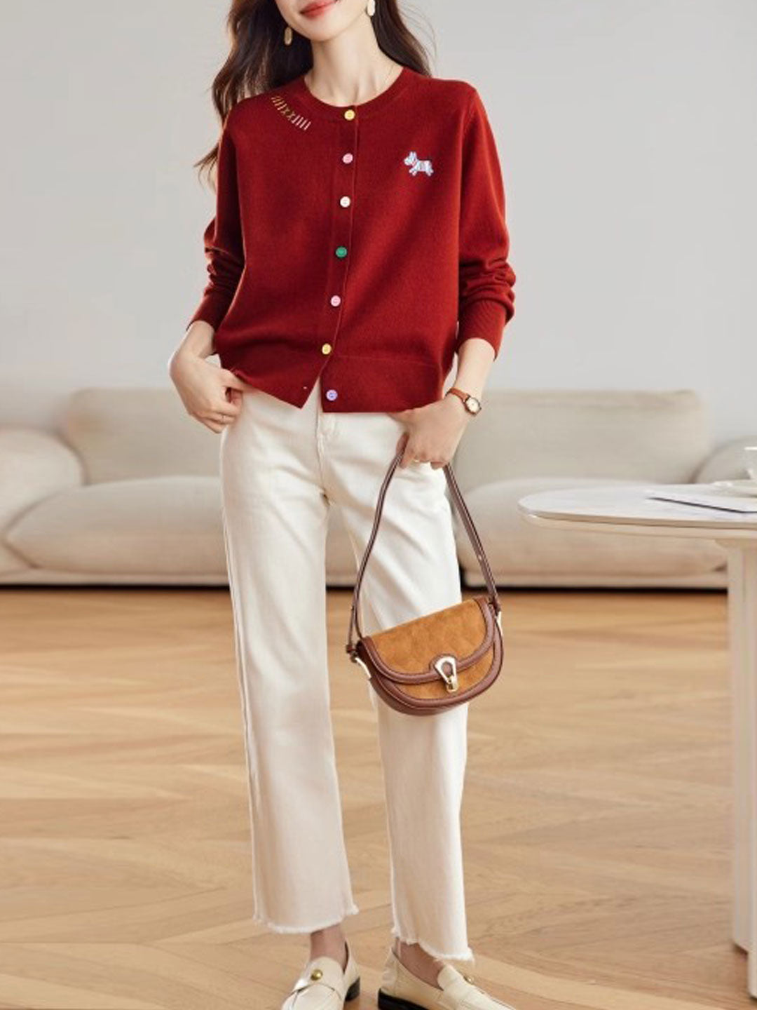 Camila Loose Embroidered Colorful Buttons Knitted Cardigan