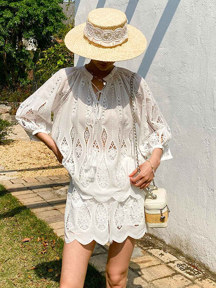 Peyton Vacation V-Neck Hollowed Embroidered Tie Blouse