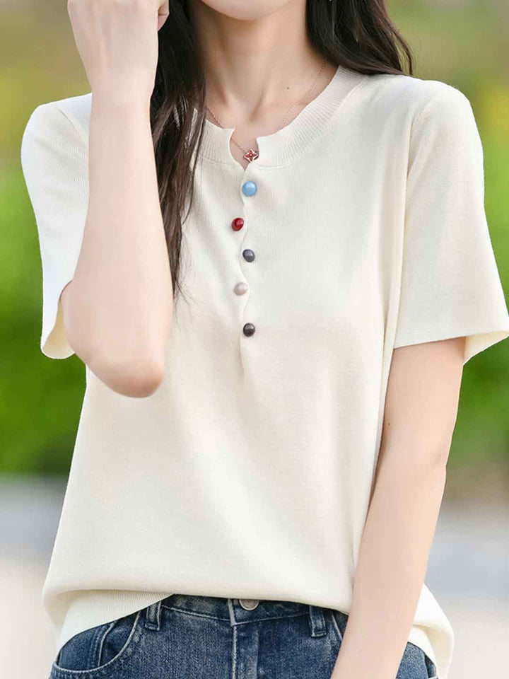 Khloe Classic Crew Neck Colorful Buttons Knitted Top-Pink