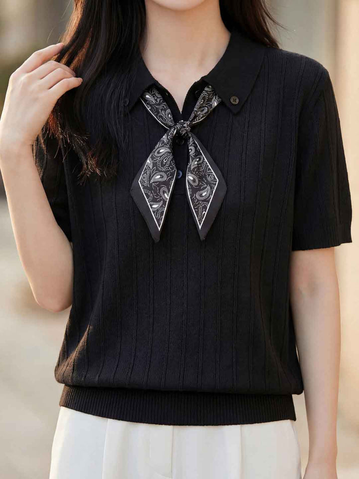 Mia Daily Lapel Solid Color Bow Knitted Top