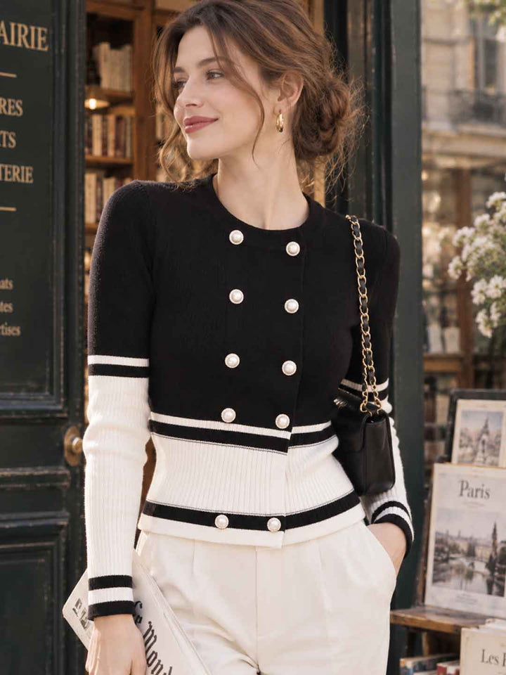 Black And White Color-block Fitted Knit Top