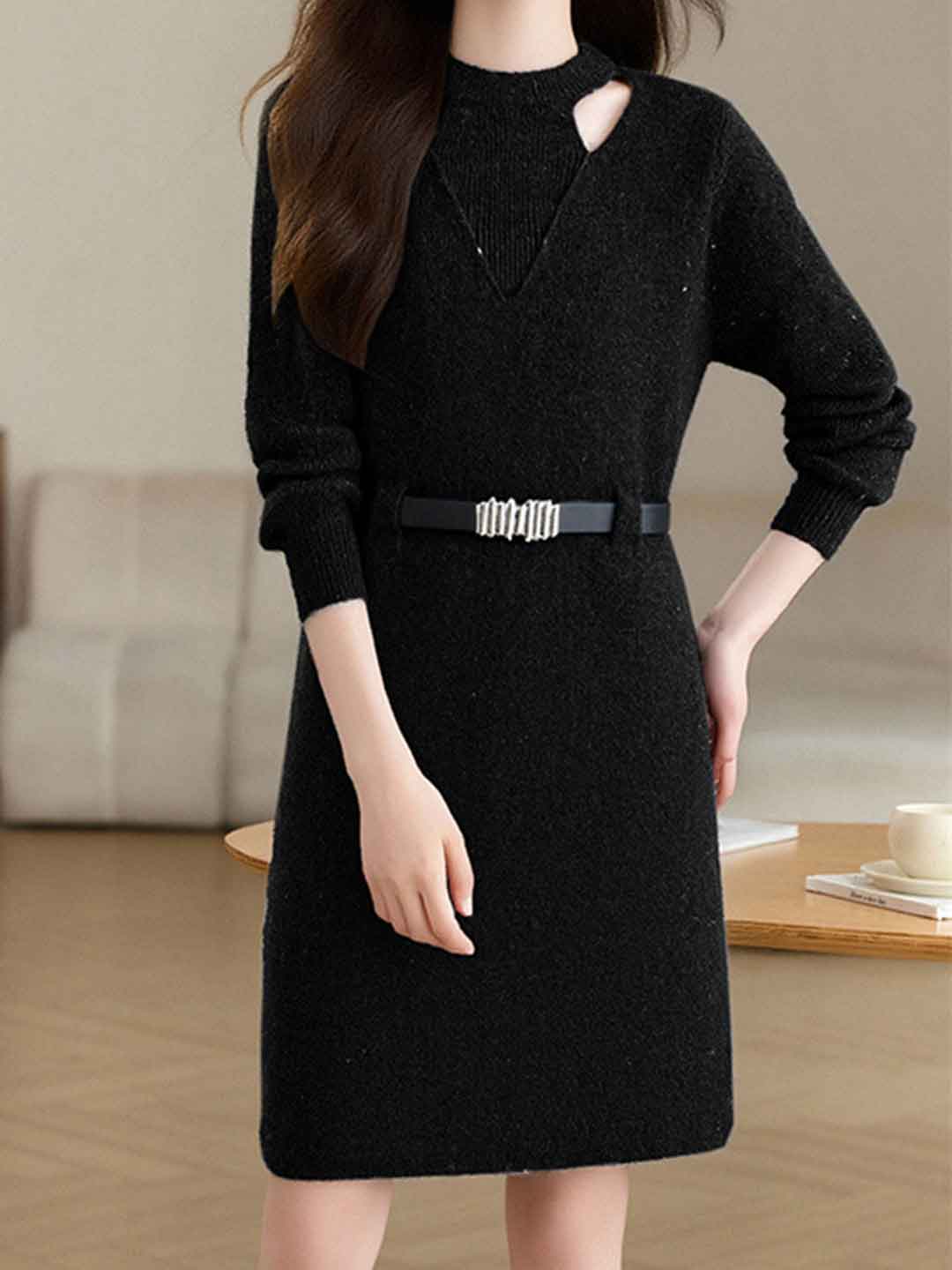 Sarah Elegant Crew Neck Hollowed Knitted Dress