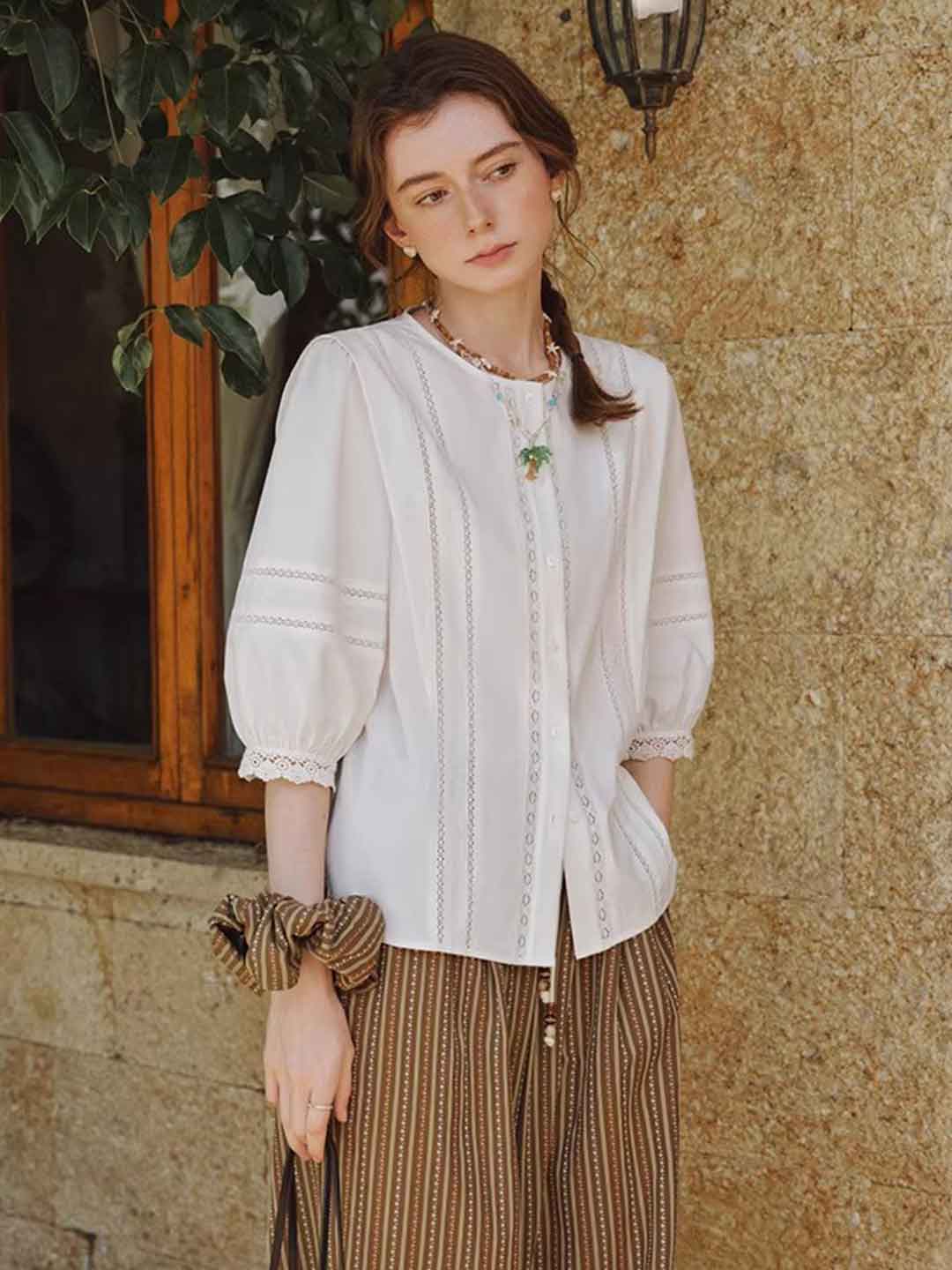 Riley Classic Crew Neck Lantern Sleeve Hollowed Lace Top