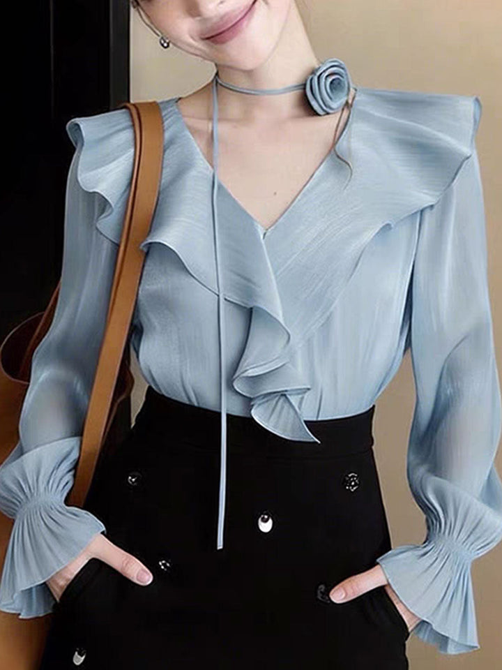 Molly Daily V-Neck Flared Sleeve Ruffle Shirt
