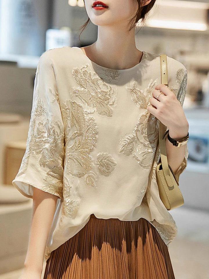 Isabella Loose Crew Neck Embroidered Jacquard Top