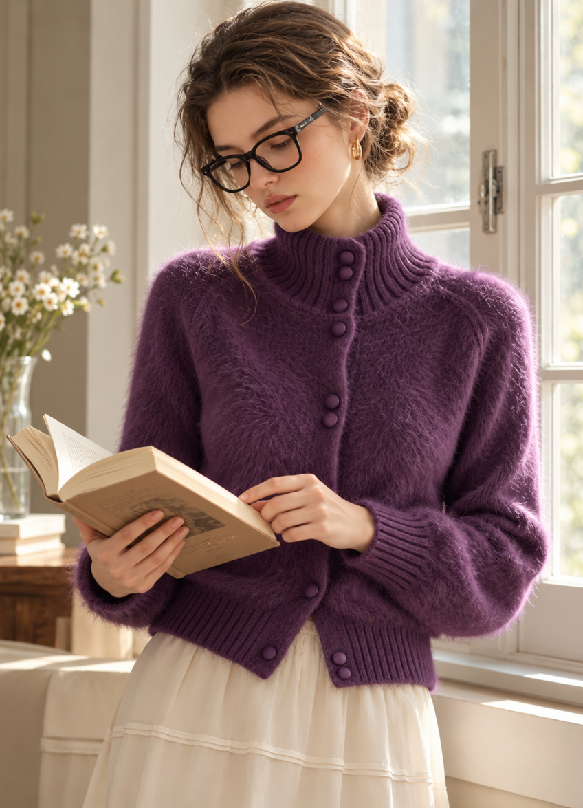 High-neck Long-sleeved Knit Cardigan
