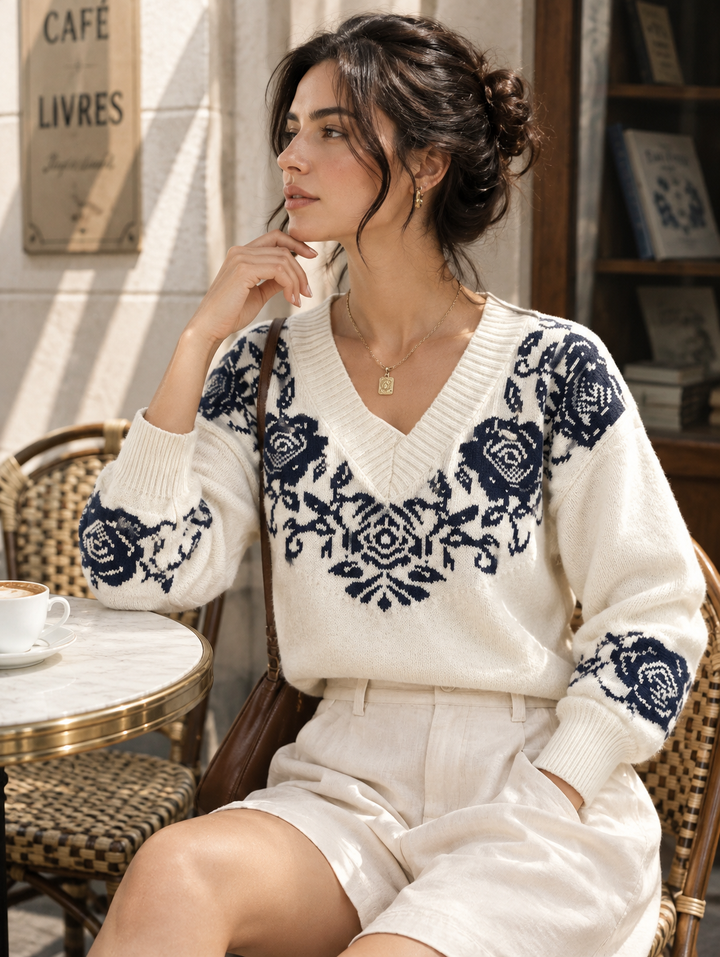 V-neck Rose Jacquard Knit Sweater
