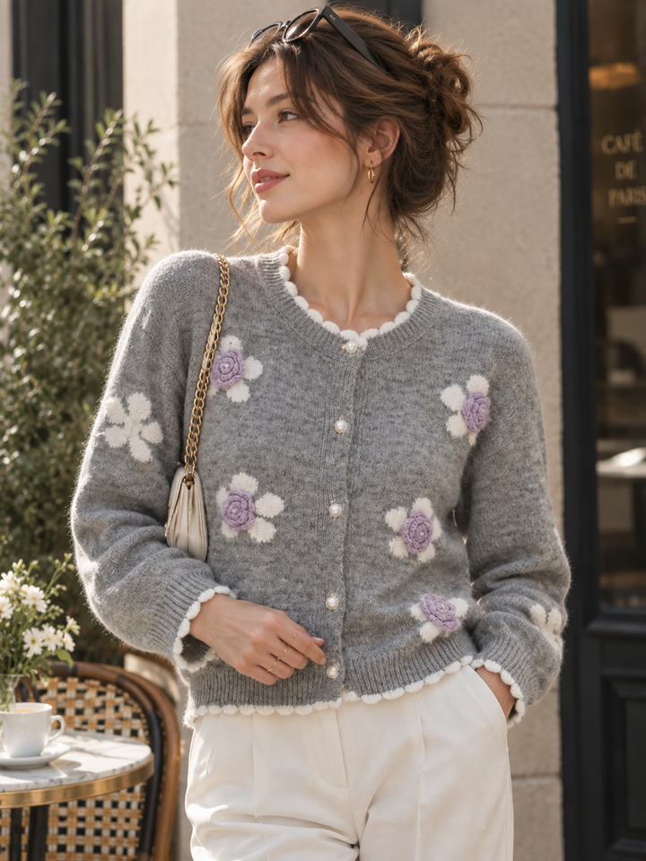 Crew-neck Floral Knit Cardigan