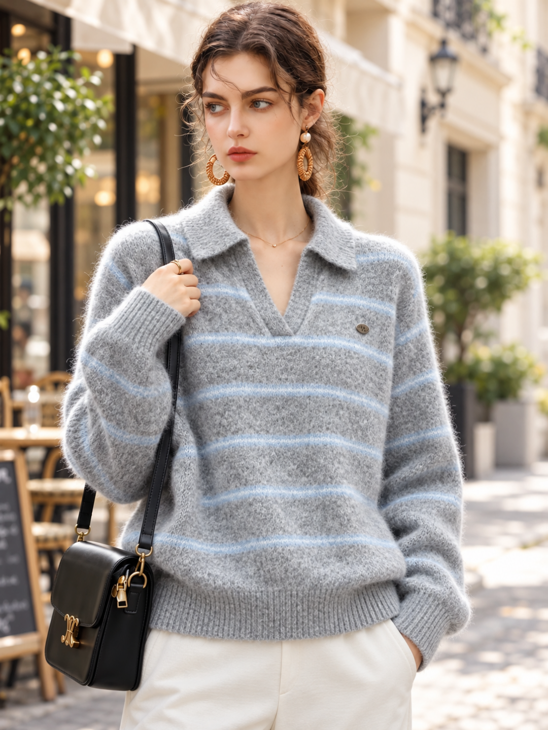 Polo Collar Striped Knit Sweater
