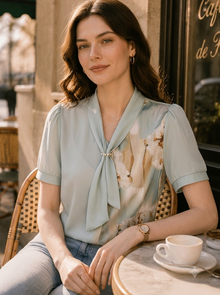 Sophia Daily Bow-Neck Printed Chiffon Top