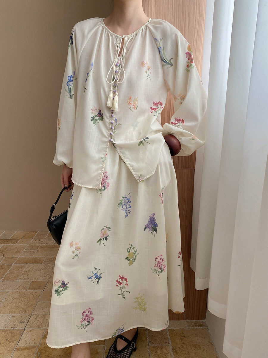 Natalie Retro Floral Printed Tassel Tie Shirt, Shorts, And Skirt Three-Piece Set