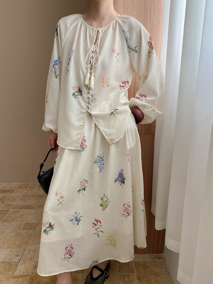 Natalie Retro Floral Printed Tassel Tie Shirt, Shorts, And Skirt Three-Piece Set