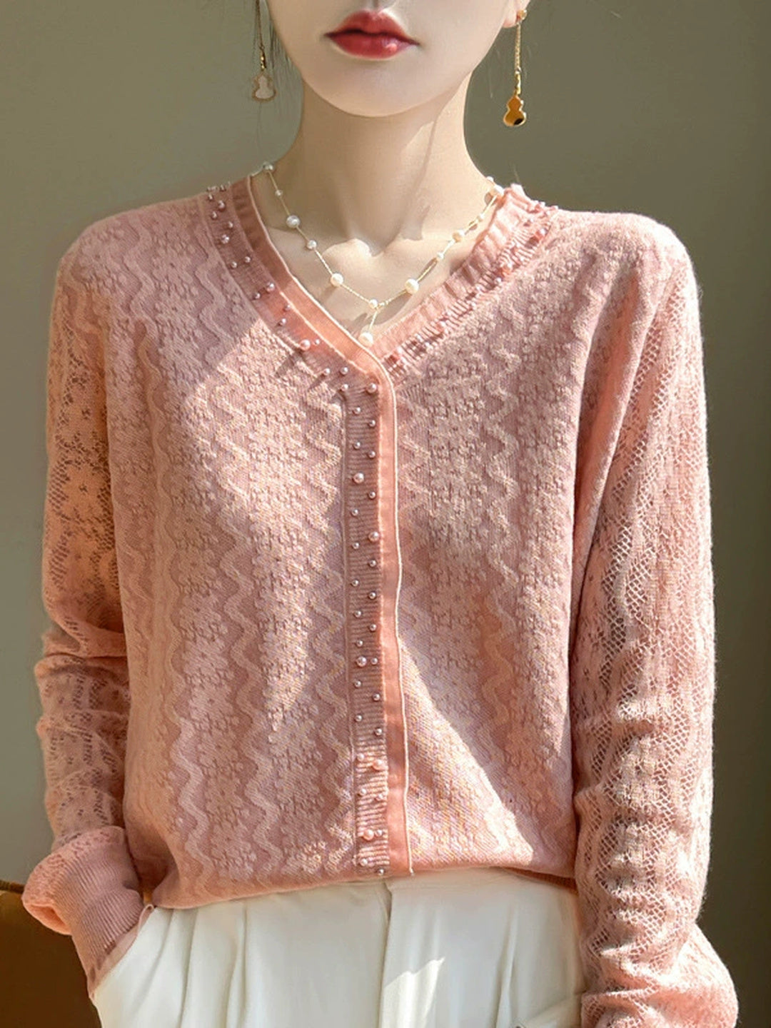 Wool-blend Lace V-neck Knit Top