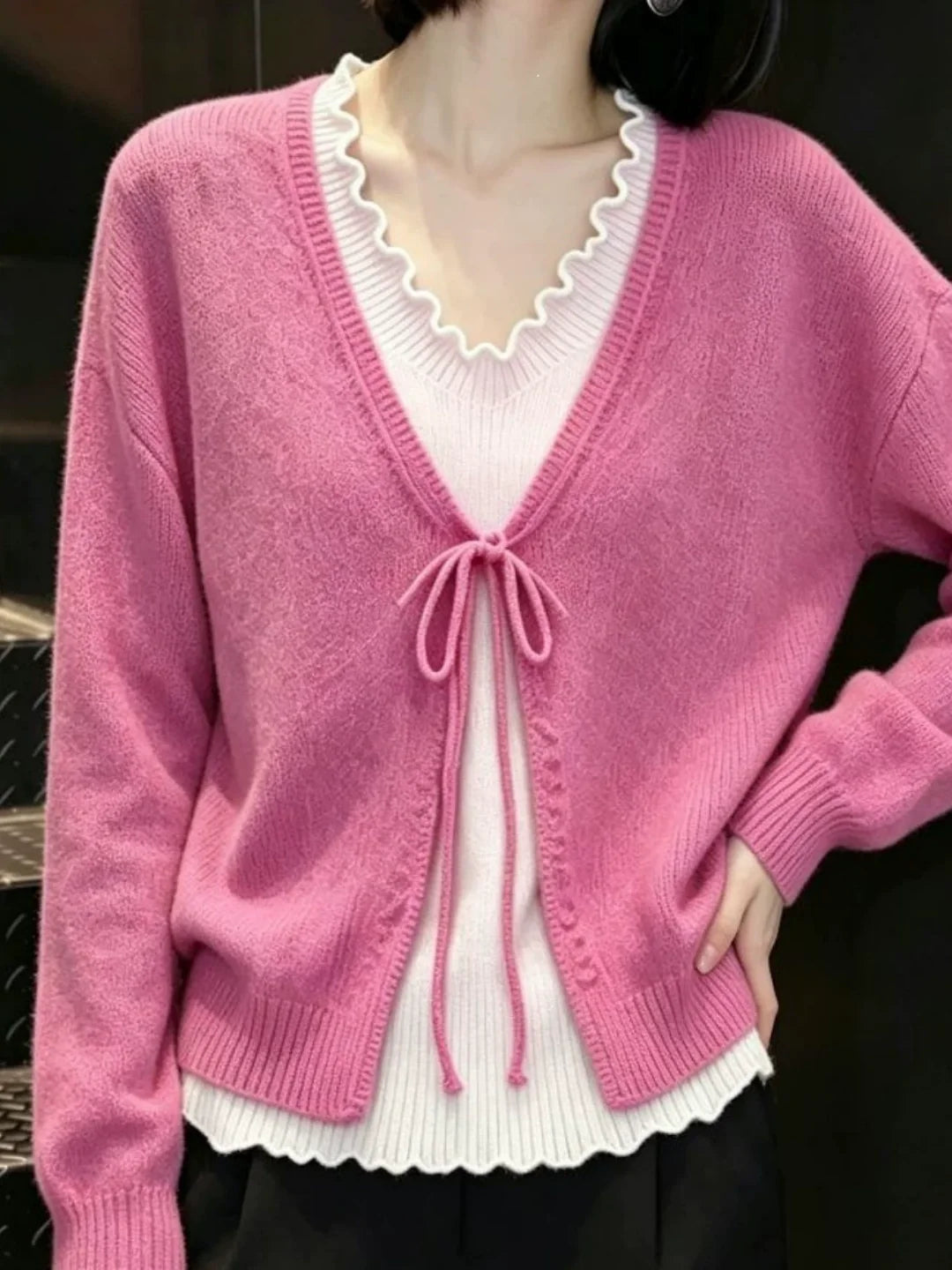 Faux-layered V-neck Knit Top