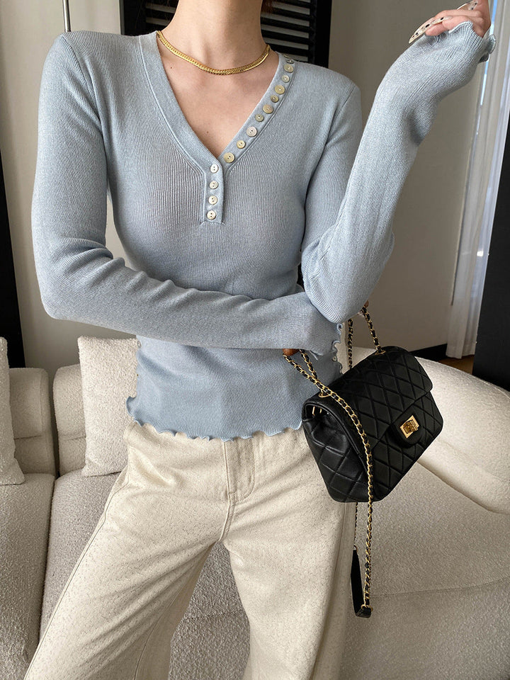 Molly Slim V-Neck Auricular Knitted Top