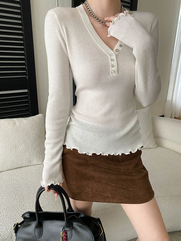 Molly Slim V-Neck Auricular Knitted Top