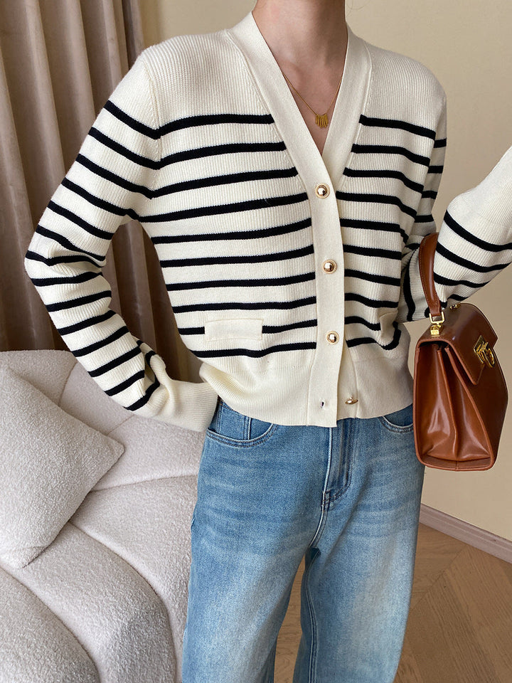 Hannah Casual V-Neck Color-Blocked Striped Knitted Cardigan