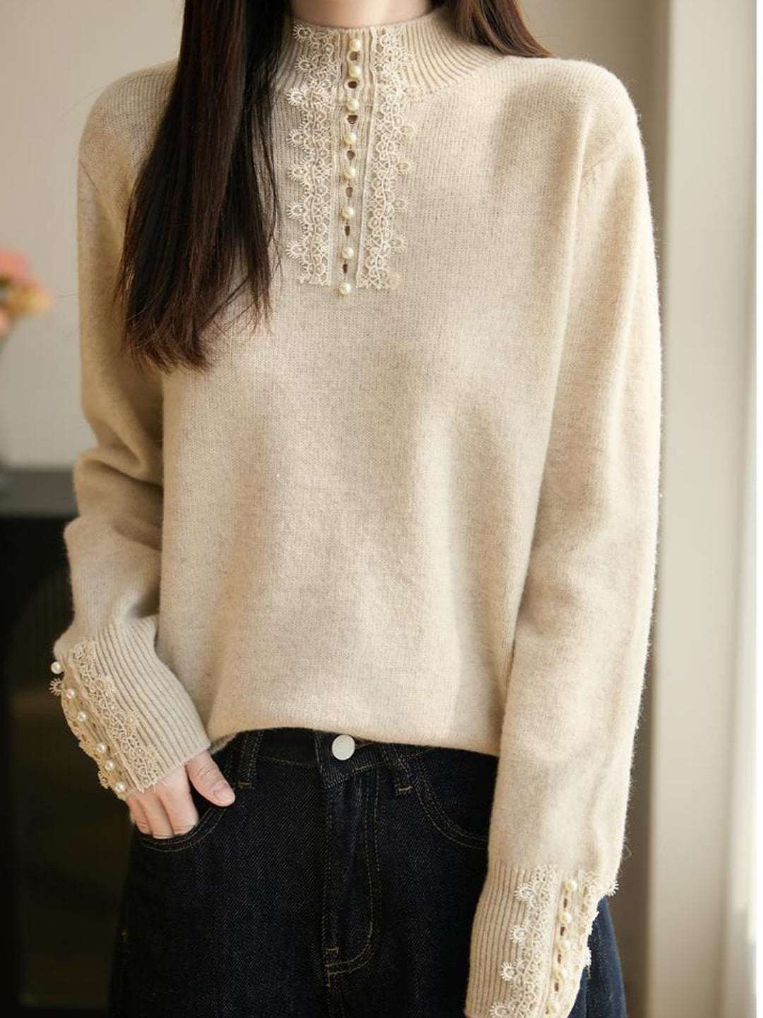 Mock-neck Lace And Pearl Knit Top