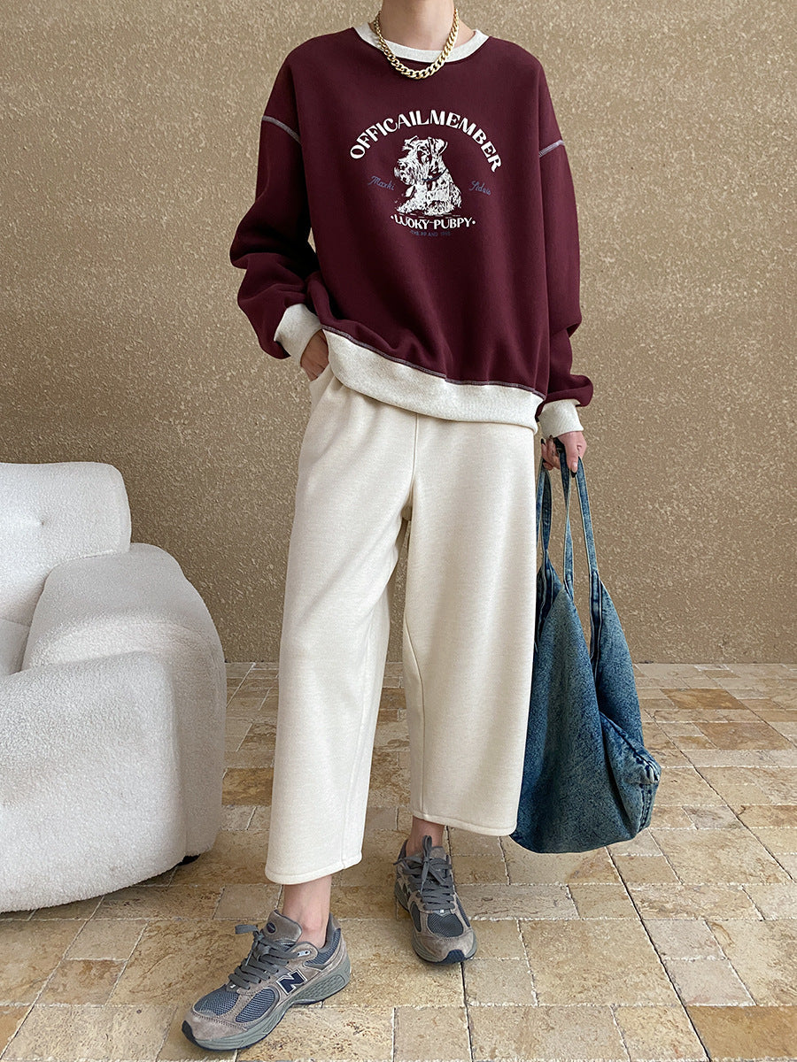 Olivia Loose Crew Neck Printed Fleece Sweatshirt