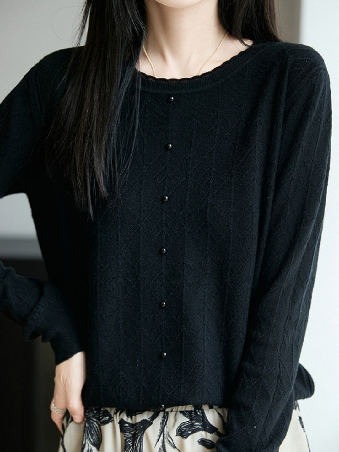 Crew-neck Cutout Jacquard Knit Top