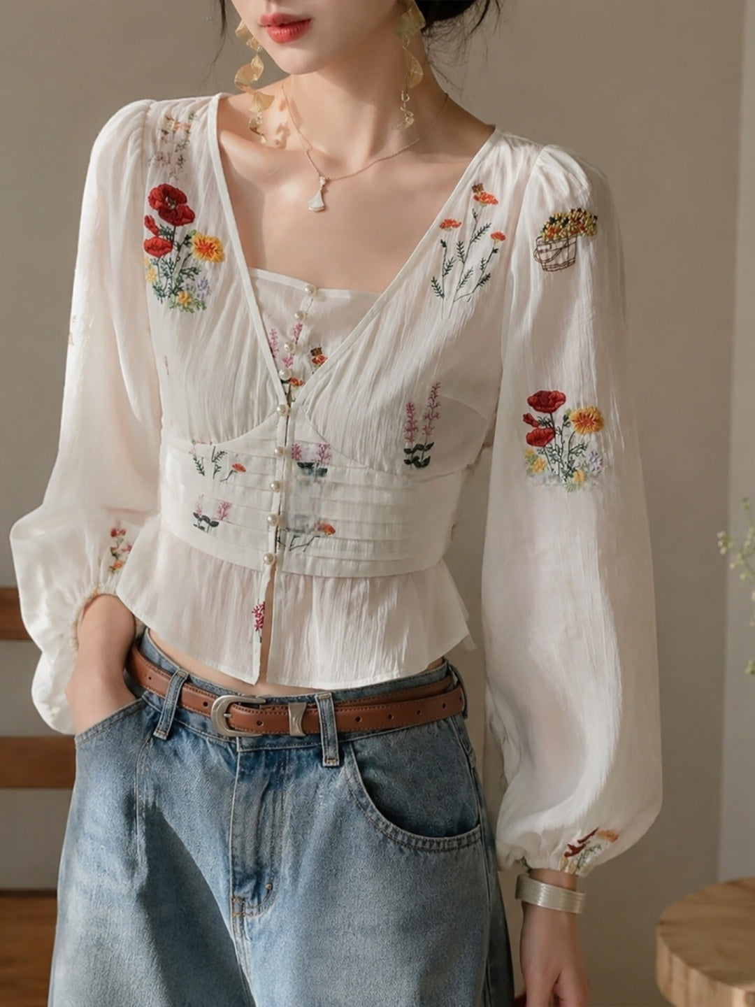 V-neck  Fitted Waist Shirt