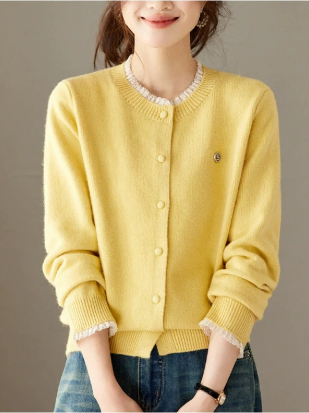 Loose-fit Lace-trim Knit Cardigan
