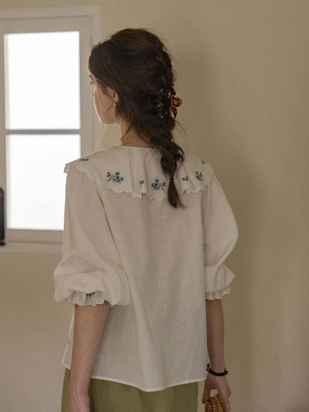 Brianna Vacation Ruffled Collar Embroidered Top