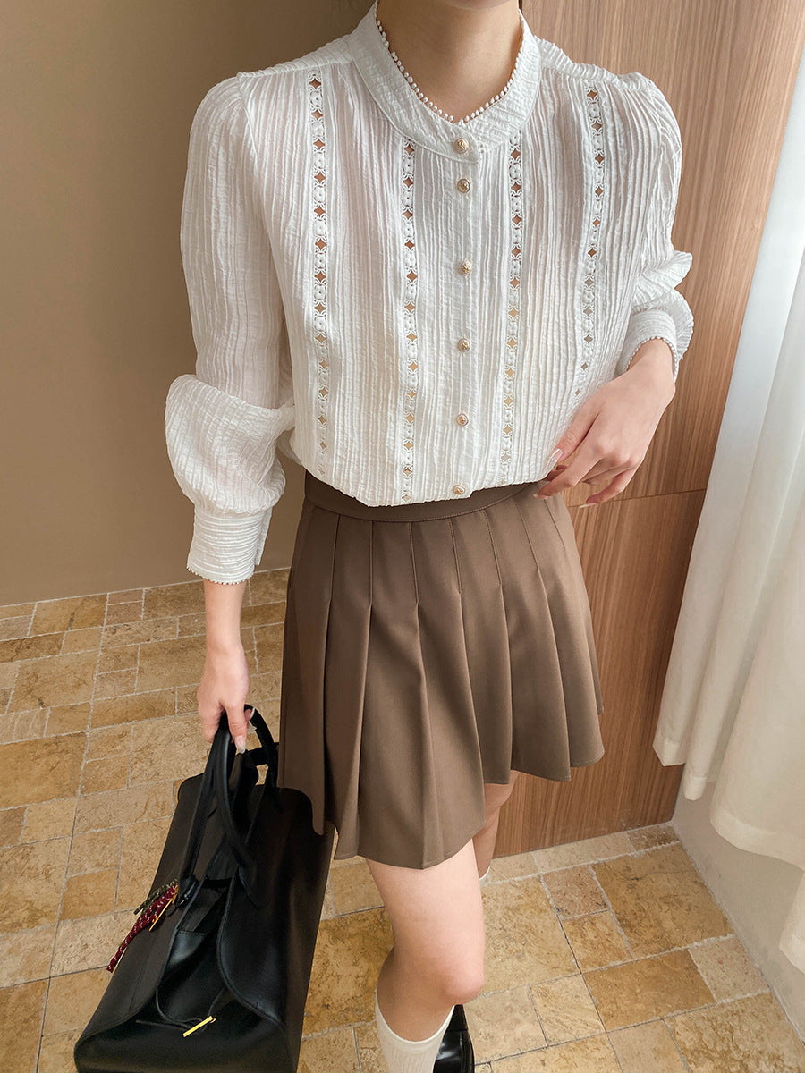 Sophia Retro Lantern Sleeve Hollowed Embroidered Top