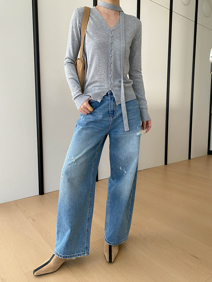 Grace Daily V-neck Ribbon Knitted Cardigan