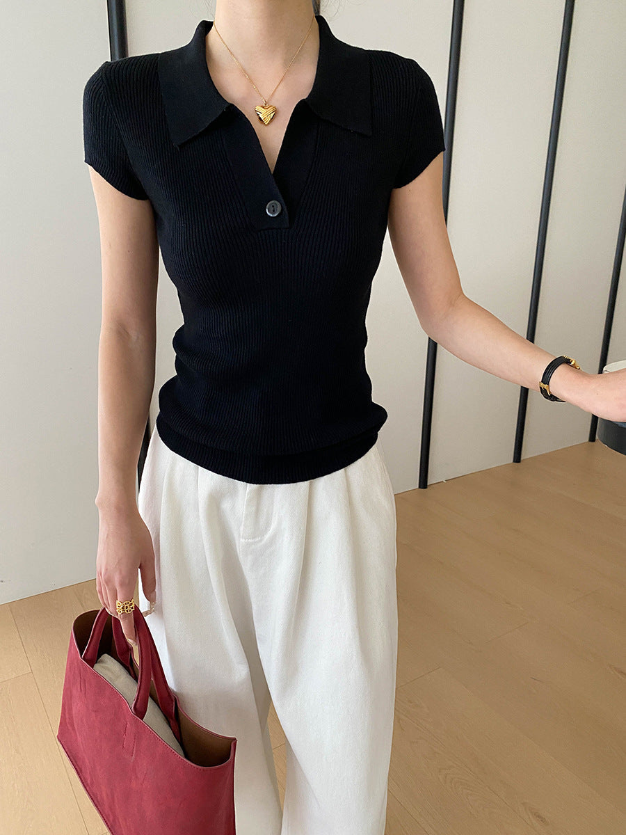 Lily Slim Lapel Solid Color Knitted Top