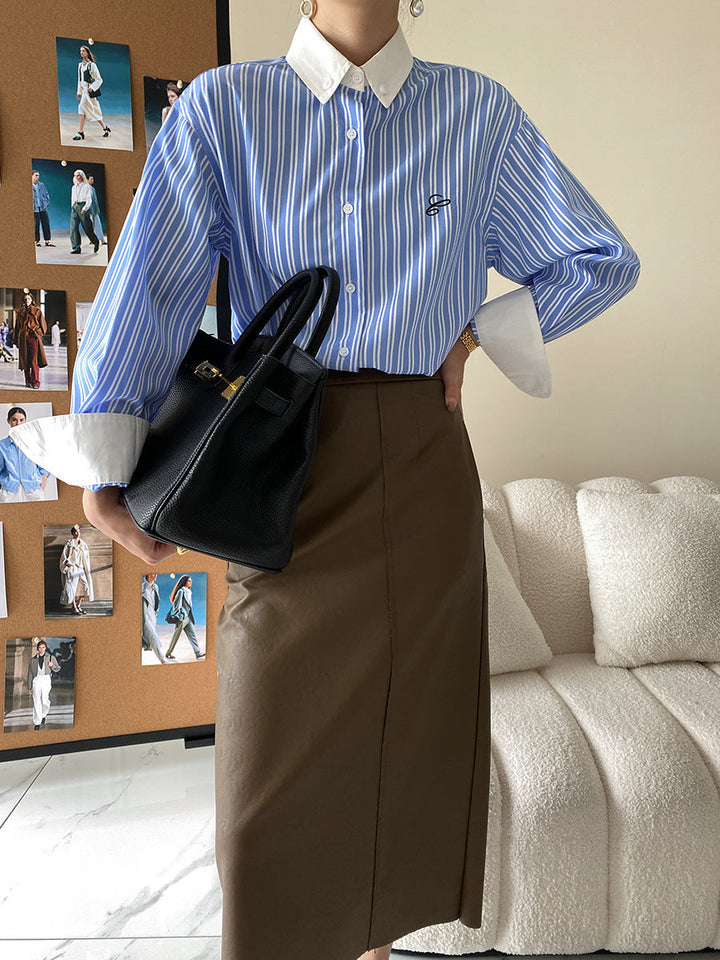 Sophia Daily Lapel Color-Blocked Striped Shirt