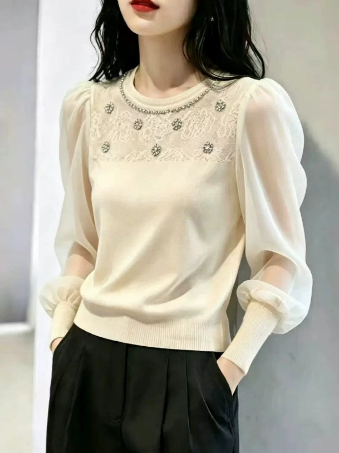 Mesh Puff-sleeve T-shirt
