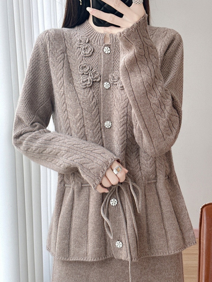 Crew-neck Tie-waist Knit Cardigan