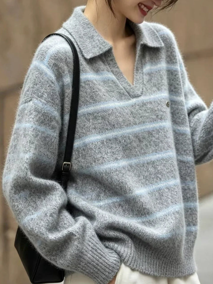 Polo Collar Striped Knit Sweater
