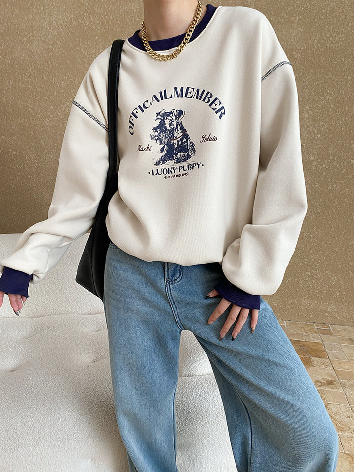 Olivia Loose Crew Neck Printed Fleece Sweatshirt