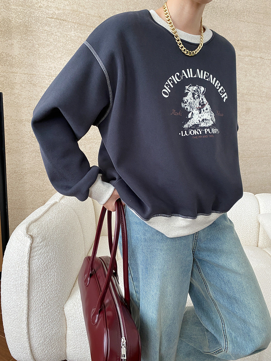 Olivia Loose Crew Neck Printed Fleece Sweatshirt