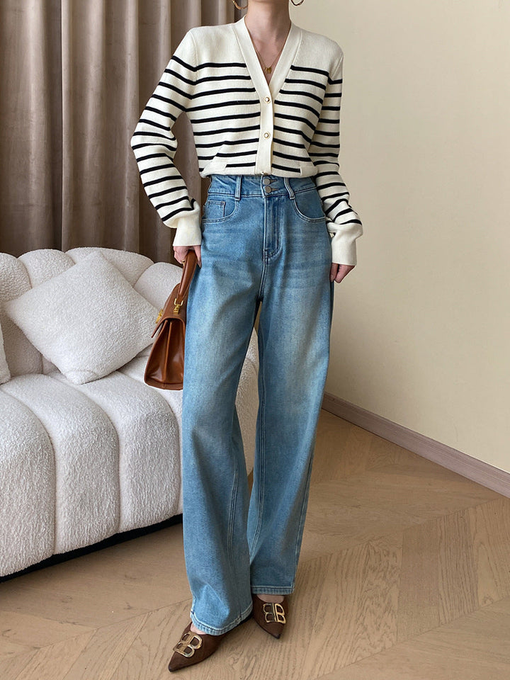 Hannah Casual V-Neck Color-Blocked Striped Knitted Cardigan