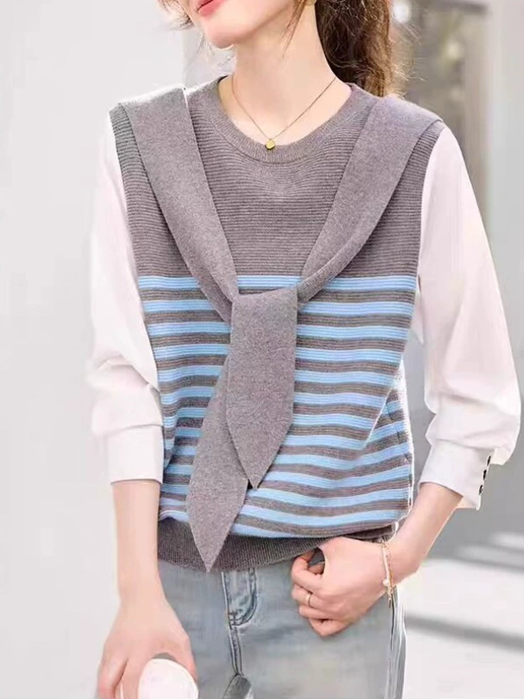 Faux Two-piece Striped  Cardigan