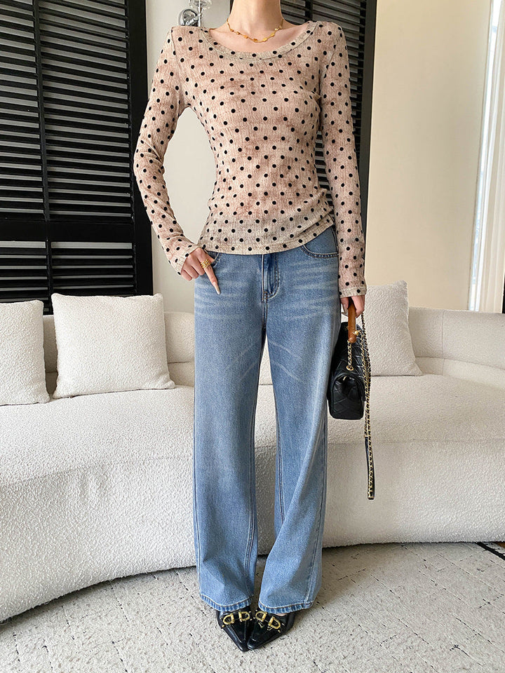 Emma Daily Crew Neck Slim Polka Dot Blouse