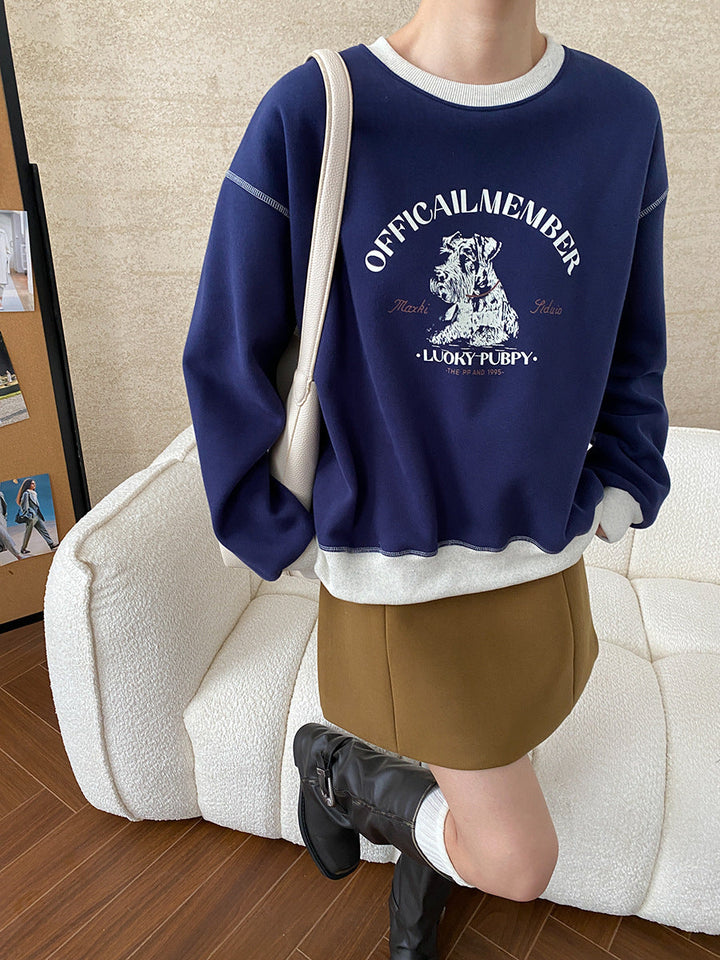 Olivia Loose Crew Neck Printed Fleece Sweatshirt