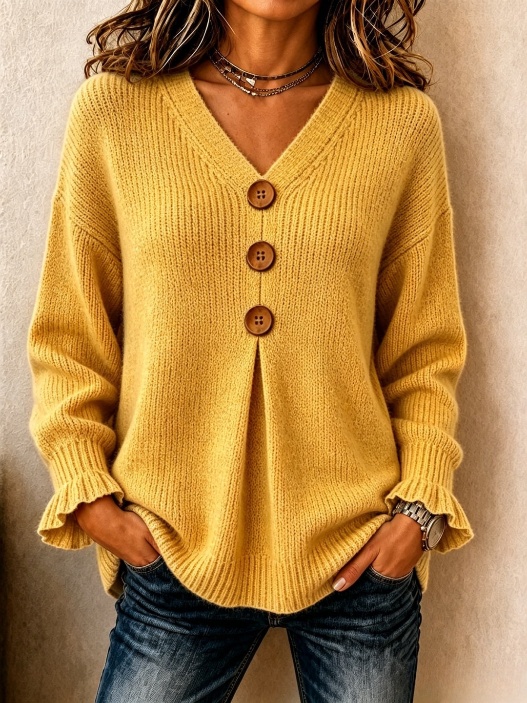 V-neck Ruffled Sleeves Knit Sweater
