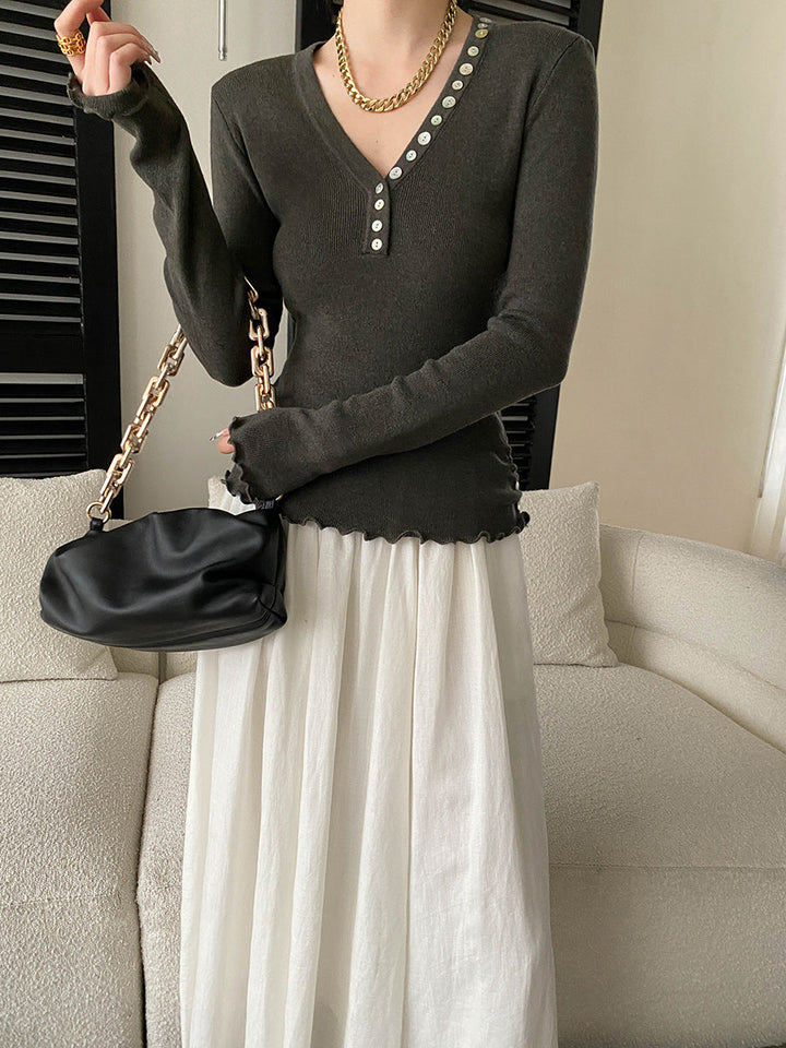 Molly Slim V-Neck Auricular Knitted Top