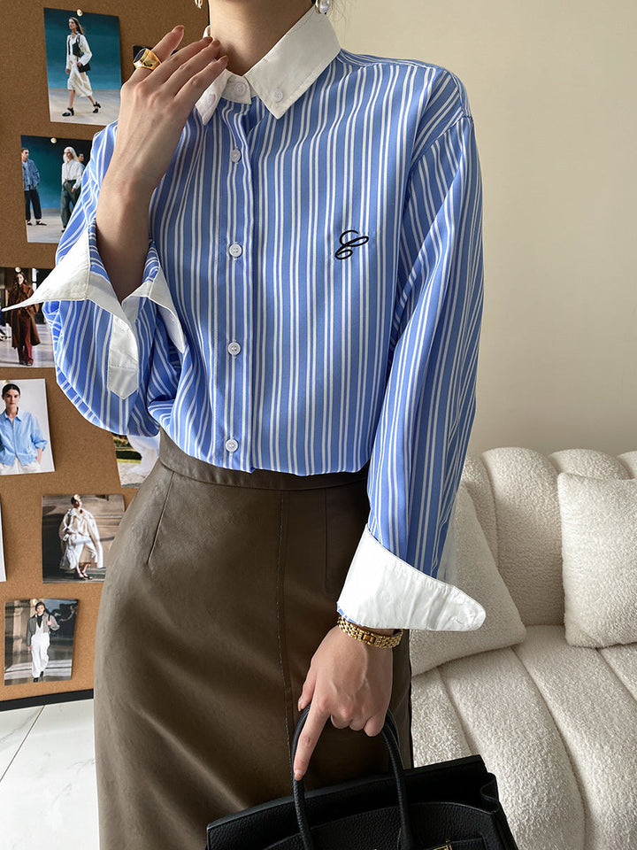 Sophia Daily Lapel Color-Blocked Striped Shirt