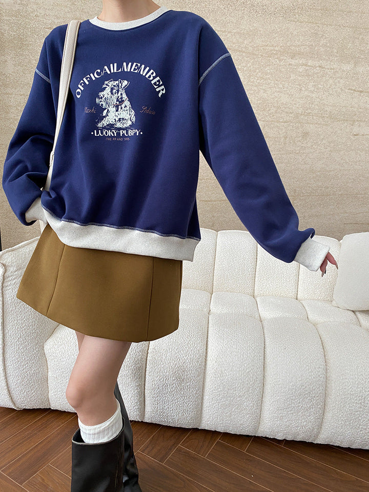 Olivia Loose Crew Neck Printed Fleece Sweatshirt