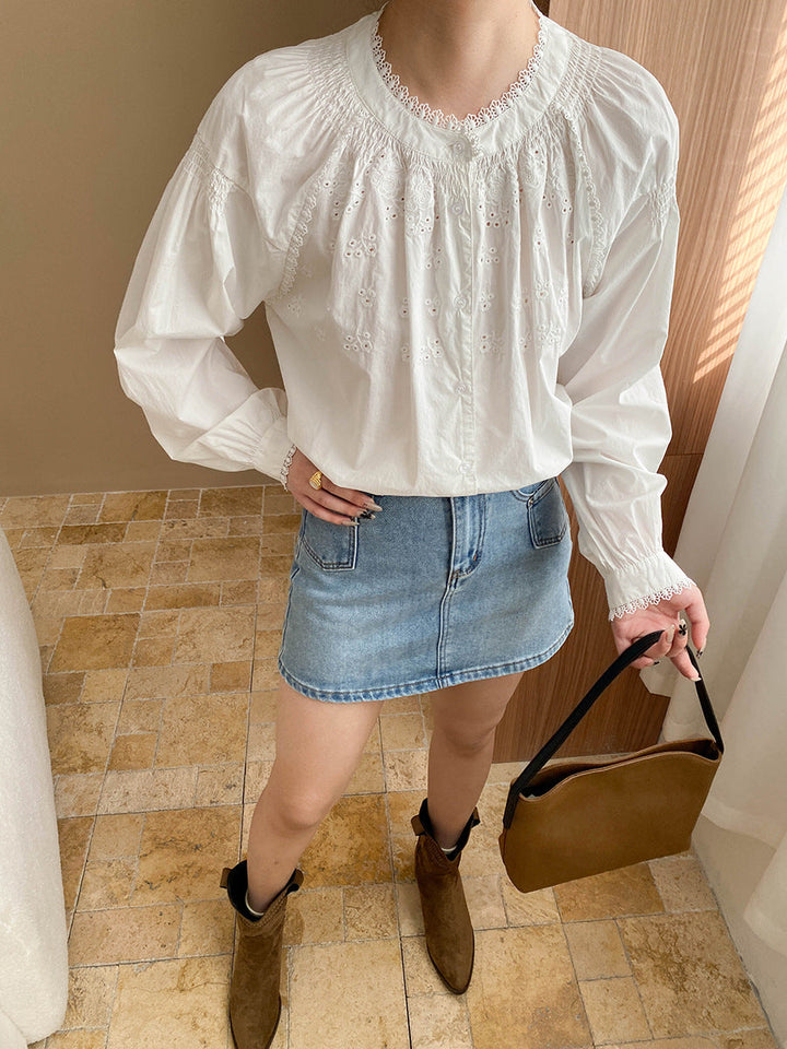 Ashley Retro Crew Neck Hollowed Embroidered Blouse