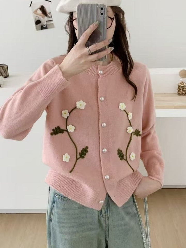 Embroidered Floral Crew-Neck Cardigan