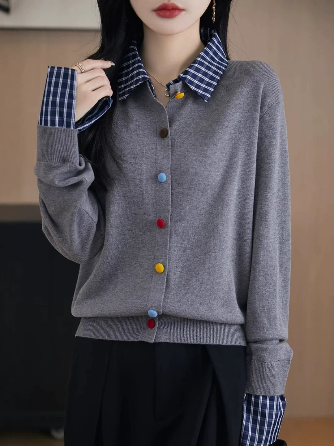 Faux-layered Plaid Collared Cardigan