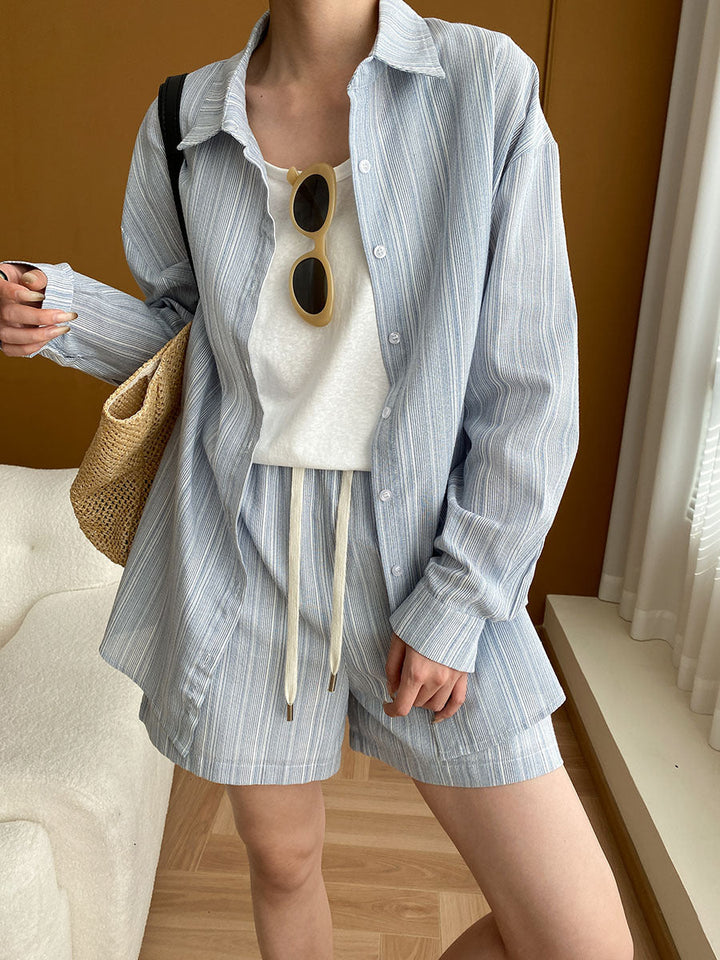 Mariah Casual Lapel Textured Striped Shirt And Shorts Set