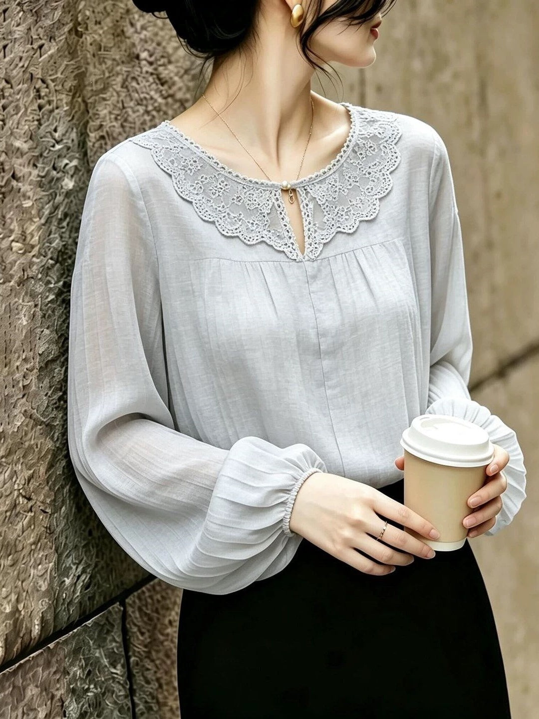 Pleated Lace Crew-Neck Shirt